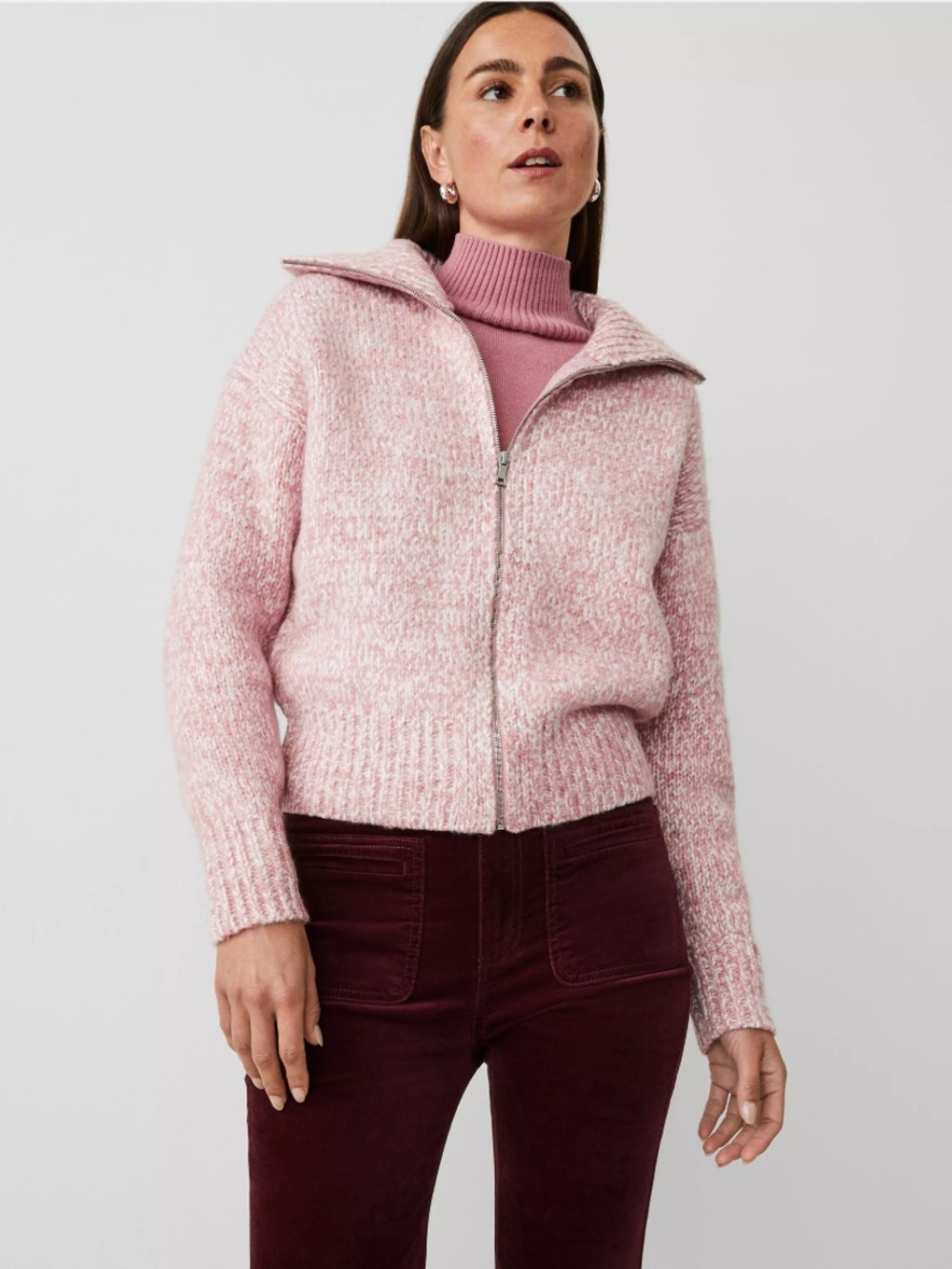 ANN TAYLOR WEEKEND Pink Marled Full Zip Funnel Neck Sweater, Medium